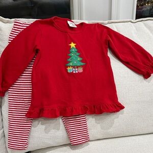 Christmas Tree Embroidered Top and Striped Leggings.